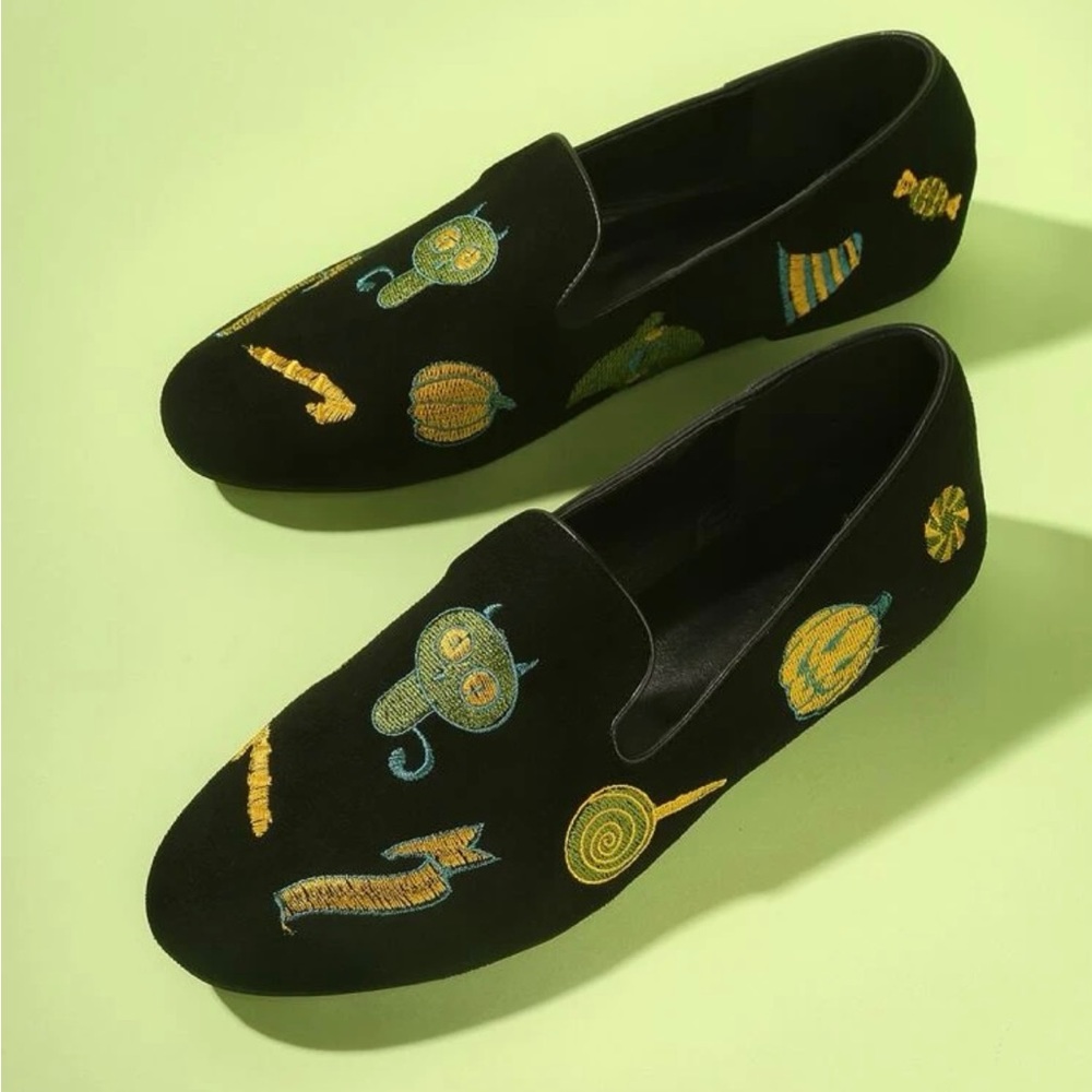 Black Velvet Embroidered Halloween Motif Loafers